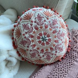 Embroidered Round Pom Pom Pillow